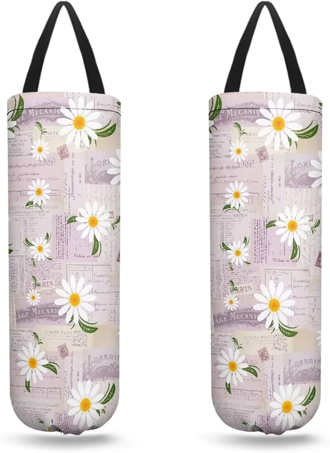 Pink Daisy Newspaper Plastic Bag Holders Wall Mount Hanging Shopping Trash Bag Storage Organizer Grocery Bags 2PCS Hanging Plastic Bag Pouch for Home Office Kitchen