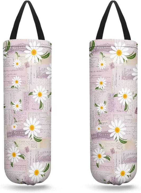Pink Daisy Newspaper Plastic Bag Holders Wall Mount Hanging Shopping Trash Bag Storage Organizer Grocery Bags 2PCS Hanging Plastic Bag Pouch for Home Office Kitchen