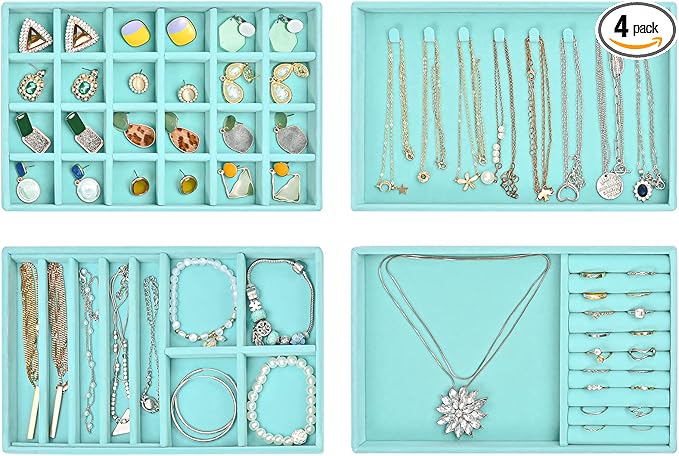 ProCase Stackable Jewelry Organizer Trays for Drawers, Jewelry Drawer Inserts Container Display Case Storage for Earring Necklace Rings Bracelet with Removable Dividers -Blue, 4 Layers