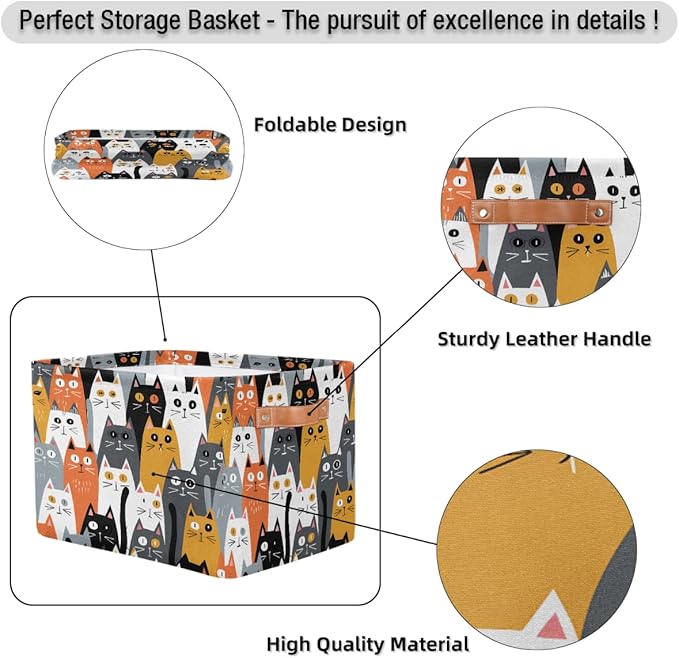 AUUXVA Storage Basket Cute Animal Cat Pattern Storage Cube Box Durable Canvas Collapsible Toy Basket Organizer Bin with Handles for Shelf Closet Bedroom Home Office