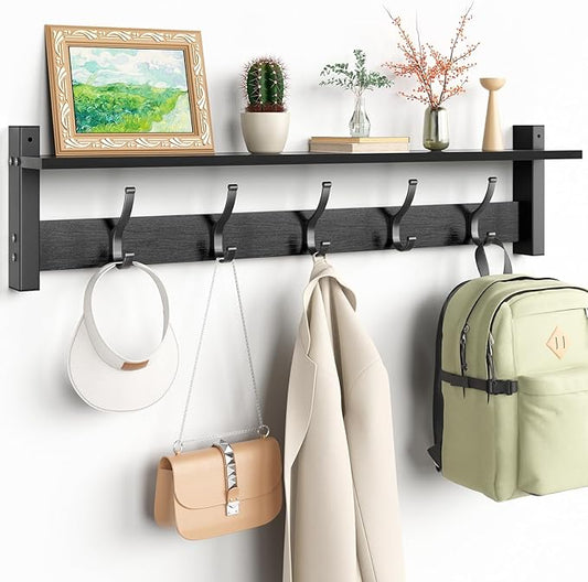 Coat Rack Wall Mount with Shelf, 29 Inch Coat Hanger Walls Mounted, Hat Rack for Walls, Shelf with 5 Coat Hooks, Wall Hanger for Entryway (Black)