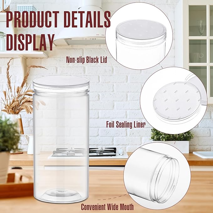 Dandat 16 Pack 30 oz Plastic Jars with Lids Plastic Mason Bottles Container Canister Wide Mouth Cylinders Kitchen Home Organize Storage for Dry Good, Spice, Honey, Candy, Peanut Butter(Clear)