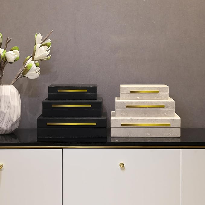 Modern Decorative Box Faux Shagreen Leather, Decorative Storage Boxes with Lids for Home Decor, Large Multifunctional Storage Jewelry Box Organizer(black 3PCS)