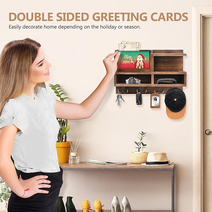 Key Holder Wall Mount, Wooden Mail and Key Organizer with Chalkboard and Mirror, 3 Greeting Cards, 8 Hooks, Brown, Type 2