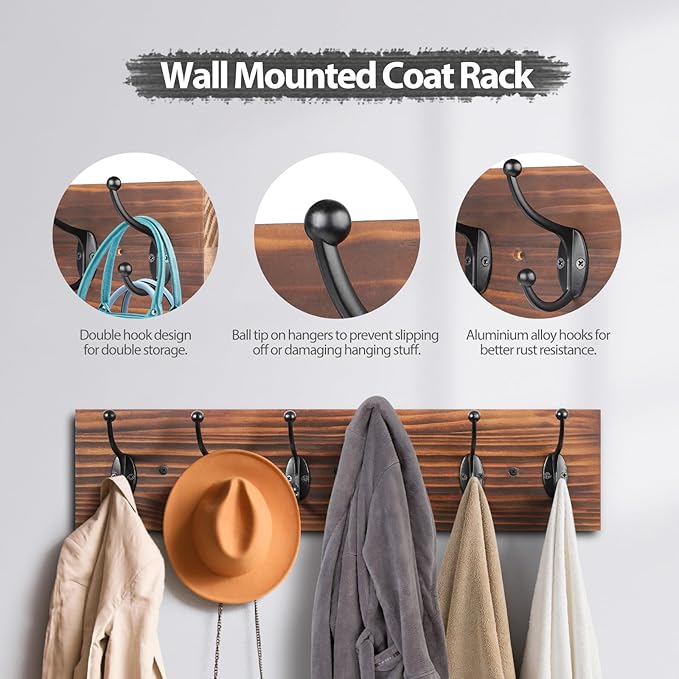 Wooden Coat Rack Wall Mounted, Vintage Coat Hooks Heavy Duty 6 Dual Coat Hangers for Wall,Brown