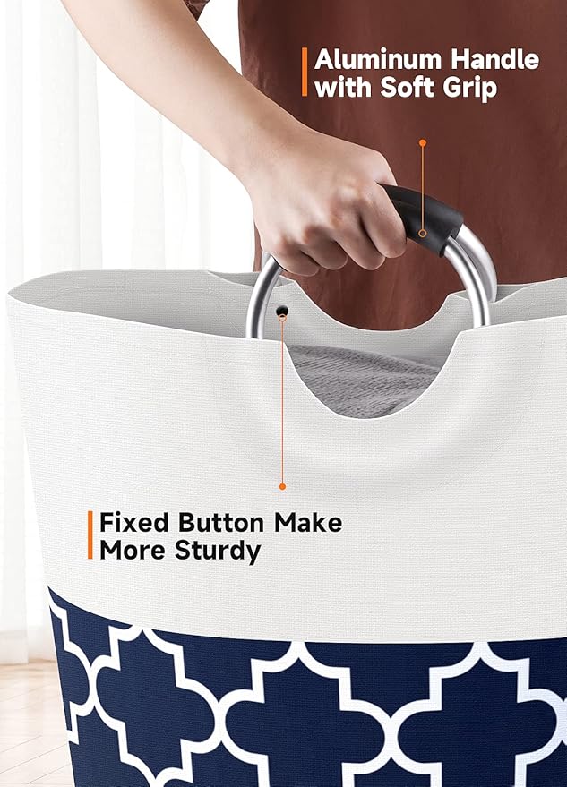 Large Laundry Basket Laundry Hamper Bag Washing Bin Clothes Bag Collapsible Tall With Handles Waterproof Travel Bathroom College Essentials Storage For College Dorm, Family (Blue)75L