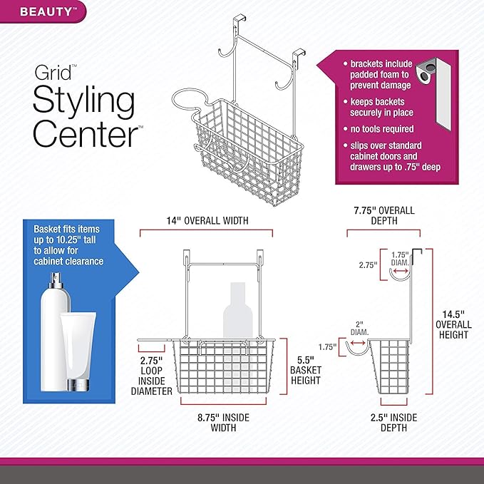 Spectrum Grid Over the Cabinet Styling Station (Satin Nickel Powder Coat) - Medium Bathroom & Under Sink Organizer for Hair Dryer, Beauty Tools, Accessories, & Home Essentials