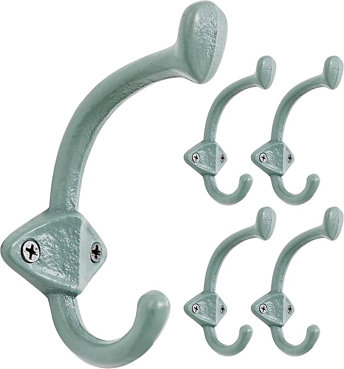 Dseap Cast Iron Wall Hooks L=5”, Heavy Duty Coat Hooks, Rustic Vintage Farmhouse Hook for Hanging Winter Coats Jackets Towels Hats Bags Plants, Mint Green, Pack of 5 (ShieldBold)