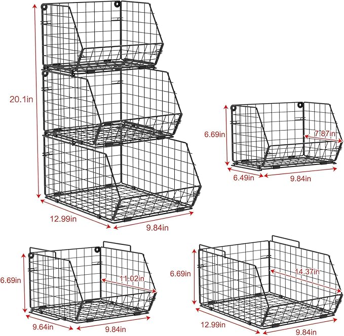 X-cosrack 3-Tier Stackable Wire Baskets for Counter, Fruit and Vegetable Storage, Potato and Onion Storage Bin，Kitchen Pantry Organizer - Wall Basket for Produce/Snack/Can, Black