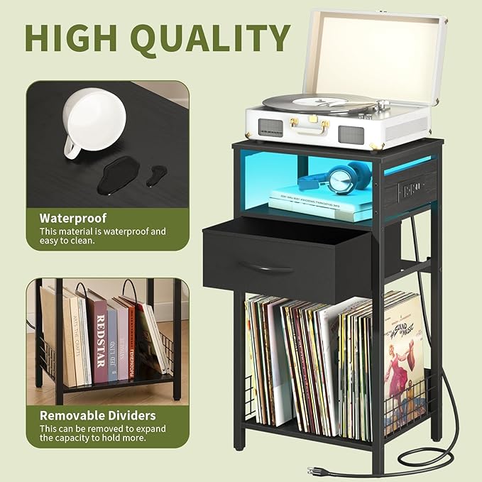 Yoobure Record Player Stand with Storage - End Table with Charging Station & LED Lights, Vinyl Record Storage Holds Up to 100 Albums, Nightstand with Drawer for Living Room Bedroom, Black