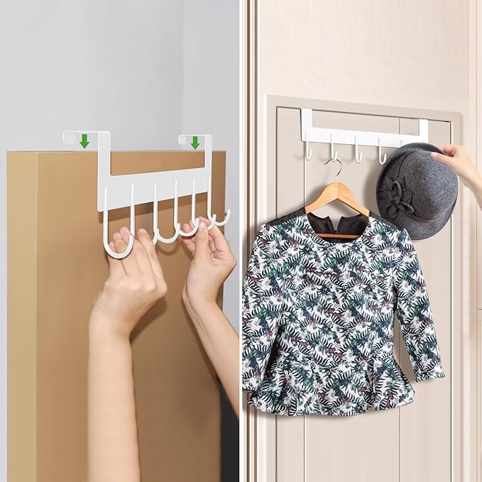 Over The Door Towel Rack, Over The Door Hooks,Heavy Duty Metal Over The Door Hanger, Door Hooks for Hanging Coat, Towel, Bag, Robe - 6 Hooks(Matte White 2Pcs)