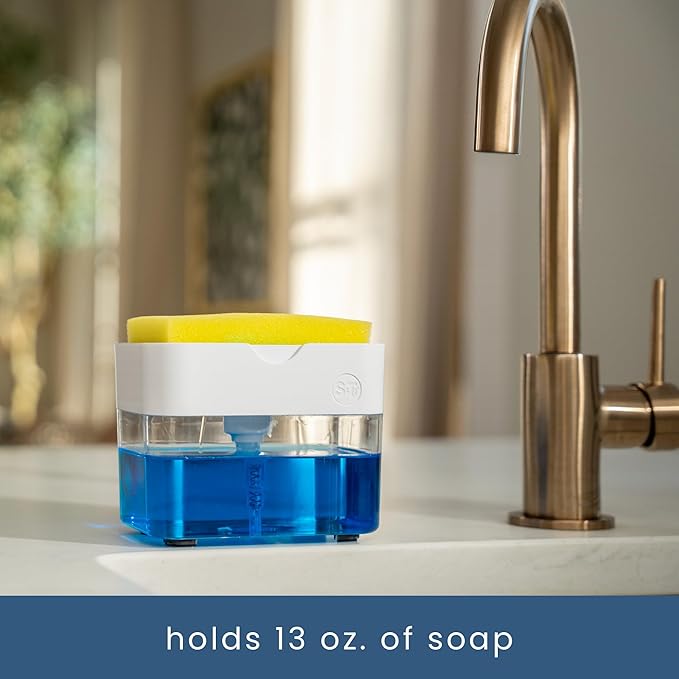 S&T INC. Dish Soap Dispenser and Sponge Holder for Kitchen Sink with Enhanced Features, Sponge Included, 13 Ounces, Matte White