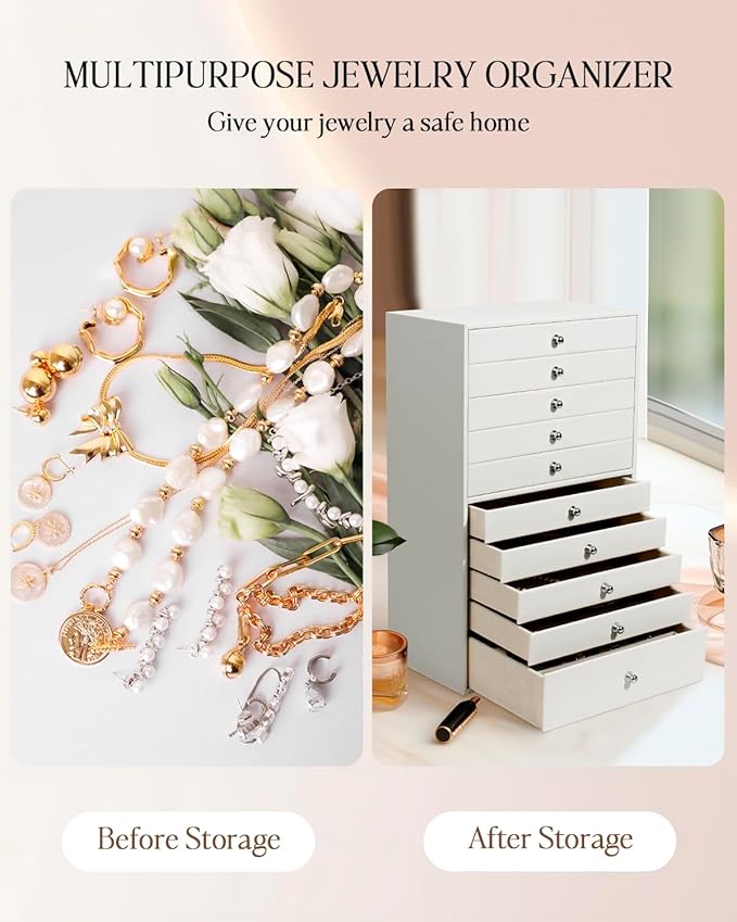 GUKA Large Jewelry Box, Jewelry Case with 10 Drawers for Big and Small Jewelry, Jewelry Storage Organizer for Watch Earrings Necklace Rings Bracelets, Birthday Wedding Gifts, White