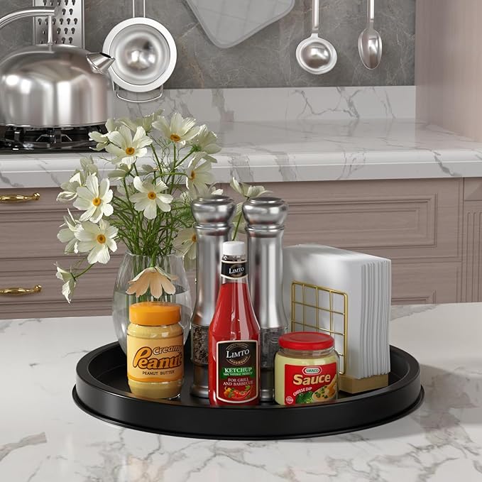 HGF Decorative Tray for Coffee Table, 13 Inch Lightweight Metal Round Trays for Kitchen Sink Counter Organizer Dining Centerpiece Table for Display Candle Vase, Black Round Tray for Decor