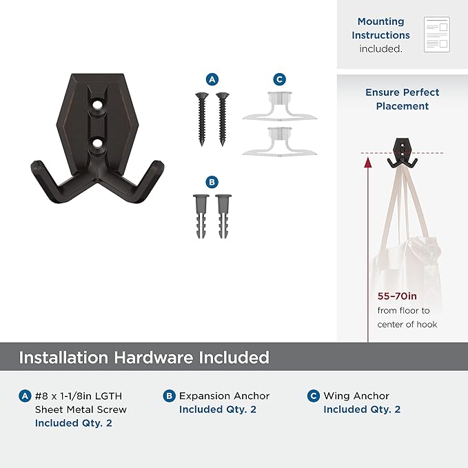 Amerock H37008ORB | Benton Double Prong Decorative Wall Hook | Oil Rubbed Bronze Hook for Coats, Hats, Backpacks, Bags | Hooks for Bathroom, Bedroom, Closet, Entryway, Laundry Room, Office