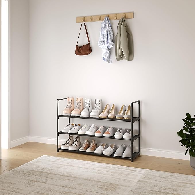 3-Tier Shoe Rack, Stores 12-15 Pairs of Shoes, Stackable & Adjustable, Space Saving Shelf Storage Organizer for Entryway, Hallway and Closet,Black