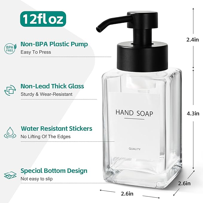 Foaming Soap Dispenser, 12oz/350ml Glass Foaming Hand Soap Dispenser Set, 2Pcs Refillable Foam Soap Dispenser With Foaming Pump, Labels, Square Foam Soap Hand Dispenser For Bathroom, Kitchen