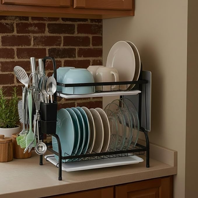 2 Tier Dish Drying Racks with Drainboard,Large Capacity Stainless Steel Dish Racks for Kitchen Counter,Kitchen Sink Organizer for Dishes,Utensils& Fork Knives,Cutting Boards Storage
