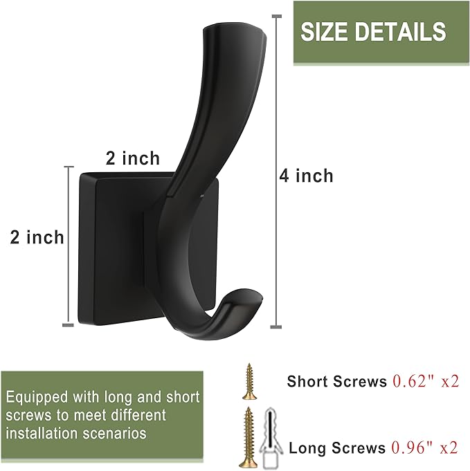 Black Towel Hooks Coat Hooks for Wall, Hand Towel Holder Robe Hook for Bathroom, Entryway Hat Hooks for Hanging Coat Towels Keys Hats (6 Pack)