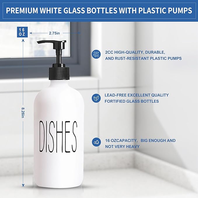 16 Oz Glass Soap Dispenser Set 2 Pack for Kitchen Sink,Contains Hand and Dish Soap Dispenser,White Kitchen Utensils