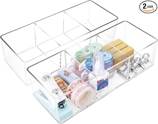 Stackable Clear Drawer Organizers Small Makeup Vanity Storage Bins Trays and Office Desk Drawer Dividers Triple Compartments 2 Pack