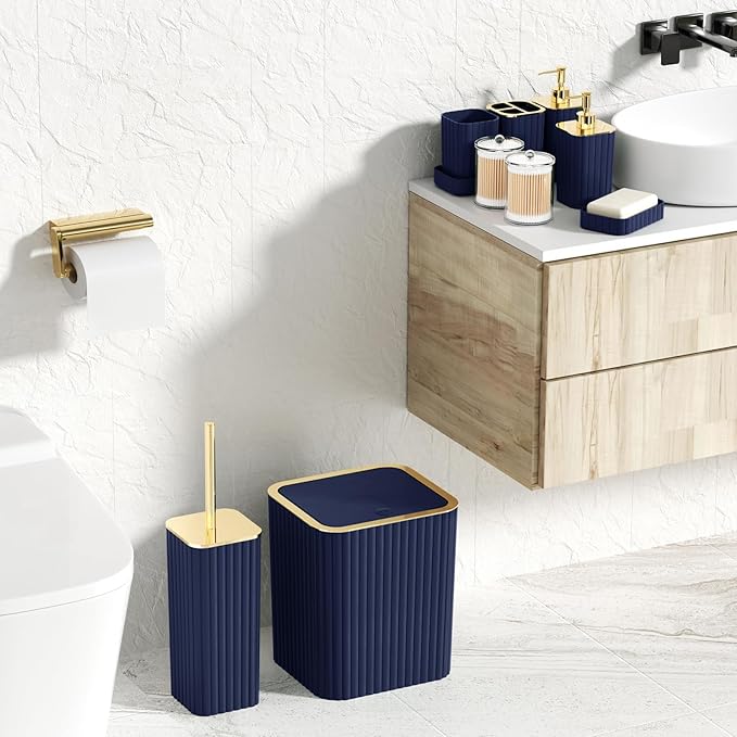 Bathroom Accessories Set - Gorgeous Bathroom Set, 10PC Navy Blue Bathroom Accessory Set, Toilet Brush, Trash Can, Qtip Holder & Soap Dispenser