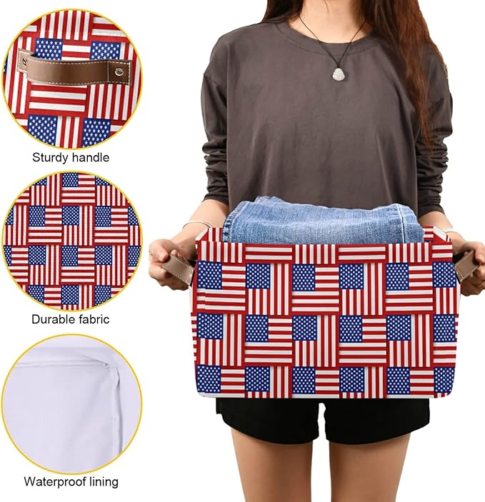 Large Storage Basket American Flag Foldable Storage Box Organizer Bins with Handles for Bedroom Home Office