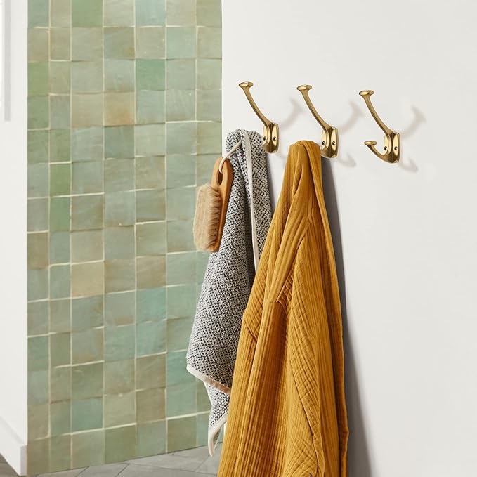 2 Pack Brushed Brass Satin Brass Hooks Decorative Heavy Duty Solid Large Coat Hooks for Towel Hanging Coats Robe Wall Mounted Towel Bags Door Back Bathroom Wall Hook.