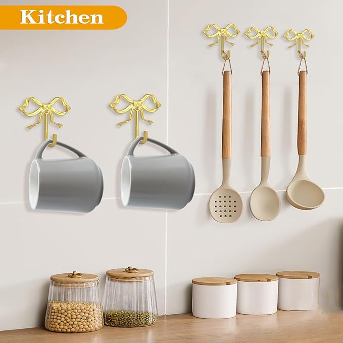2Pcs Large Size Gold Bow Wall Hook, Gold Coat Hook, Metal Hook, Bow Room Decor Hooks for Coats, Coffee Mugs, Hats, Bags, Bath Towels and Room Decorations