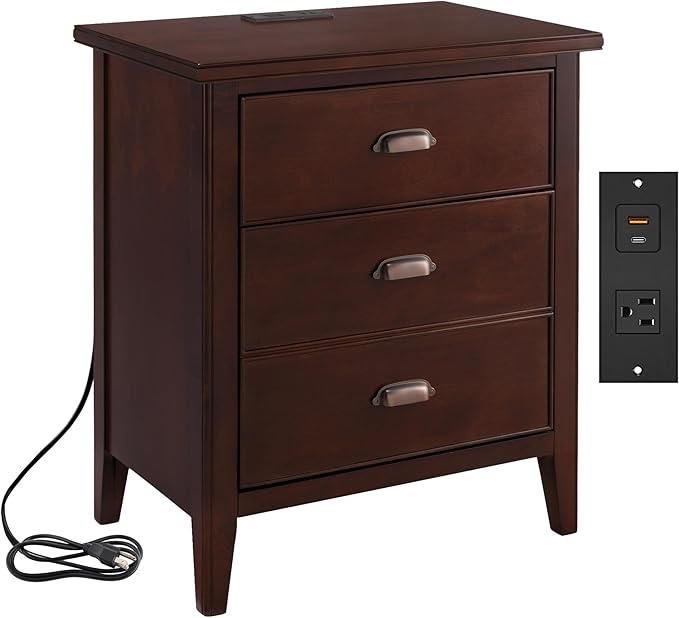 Leick Home Laurent Side Table Nightstand with USB-C Charging Station, Solid Wood, Perfect for Bedrooms, Living Rooms, and Small Spaces, 16"D x 24"W x 28"H, Chocolate Cherry Brown