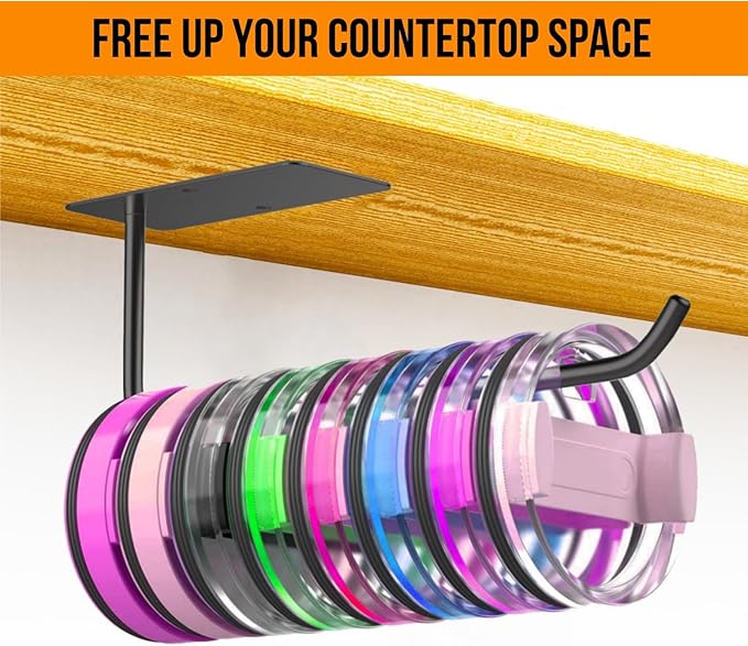 Tumbler Lid Organizer - Stainless Steel Holder, Self Adhesive or Drilling Tumbler Lid Storage Hook, Wall Mount for Kitchen Cabinet (Black)