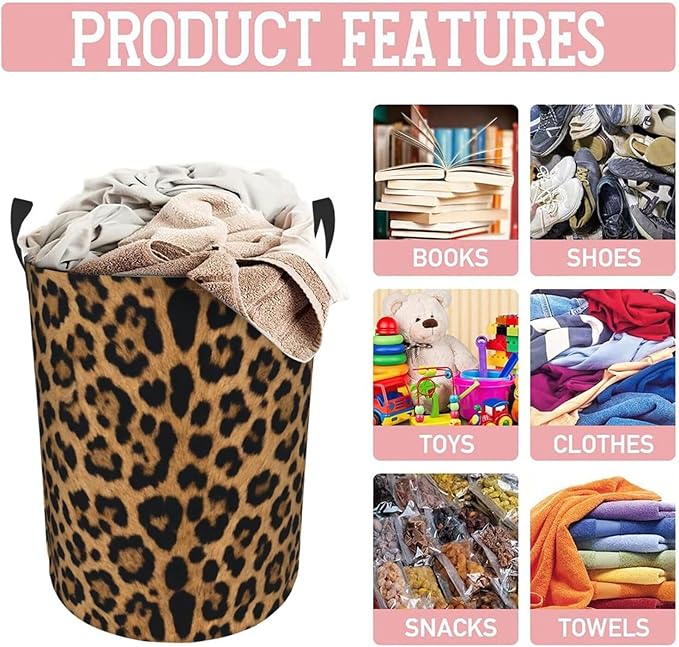 Leopard Cheetah Round Laundry Hamper Wildlife Fur Print Storage Basket Toys Clothes Organizer Bin For Home Bathroom Bedroom Dorm Nursery, 38l