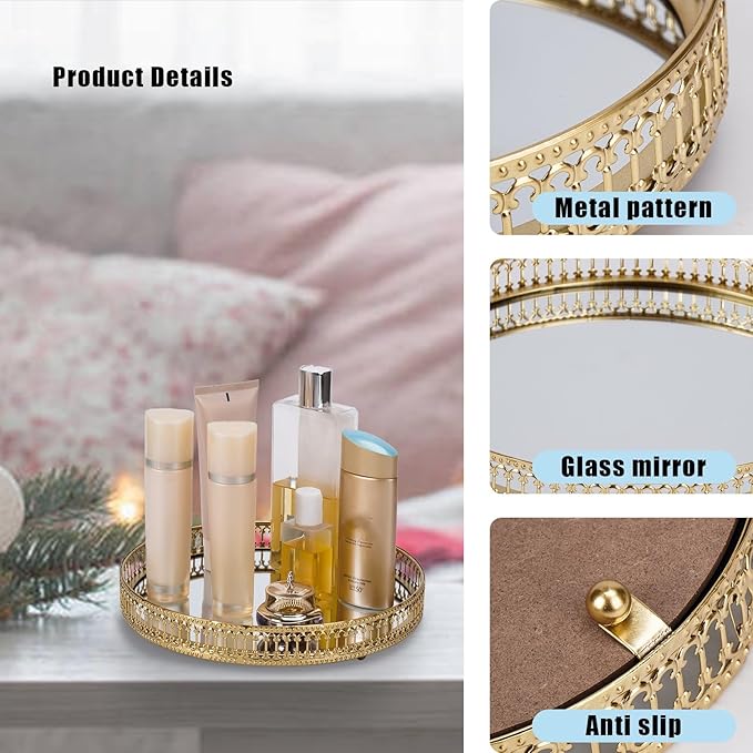 Gold Mirrored Vanity Tray for Bathroom Counter,Metal Decorative Jewelry Storage Tray Cosmetic Perfume Organizer for Dresser,Bedroom,Home Decor,Suit for Candle Holder,Coffee Table Centerpiece,L