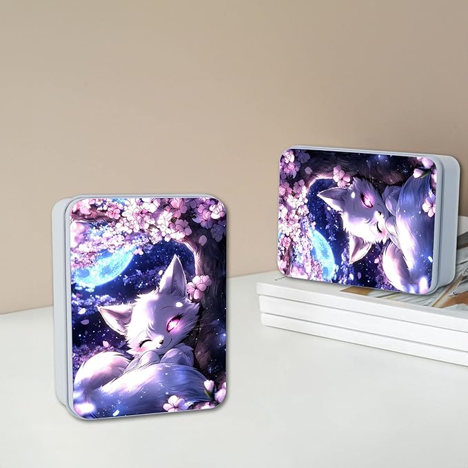 Metal Tin Box with Lid,Multi-functional Storage Large Box Can Store Tea Biscuits Game Cards, Playing & Tarot Cards-Comes with 4 Magnetic Cord Clips,White Fox Cherry Tree