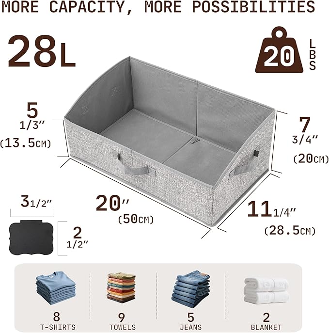 Closet Organizers and Storage Bins with Labels Clip, Large Trapezoid Storage Baskets for Shelves, 28L Foldable Fabric Clothing Organizer for Blankets, Towels and Toys, Grey, 3-Pack