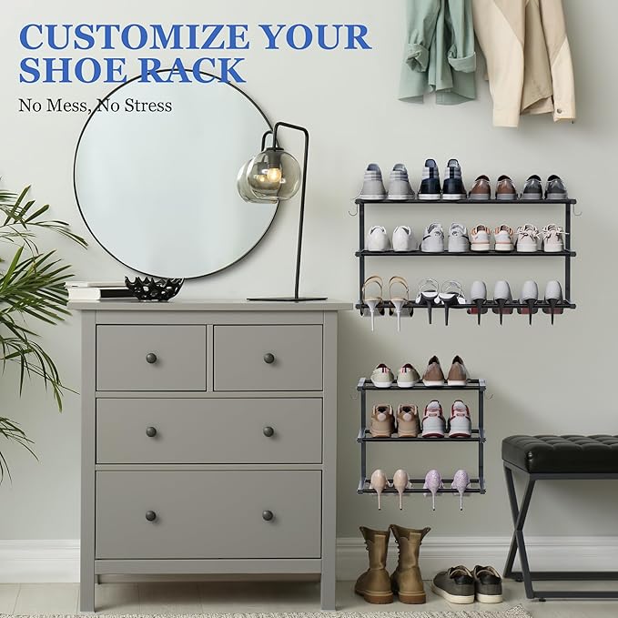 4 Pack Wall Mounted Shoe Rack, 3 Tier Hanging Shoe Rack Holds 48 Pairs, 17"-30"Adjustable Heavy Duty Metal Shoe Organizer Holder with 8 Storage Hooks, Space Saving for Closet Entryway Doorway（Black)