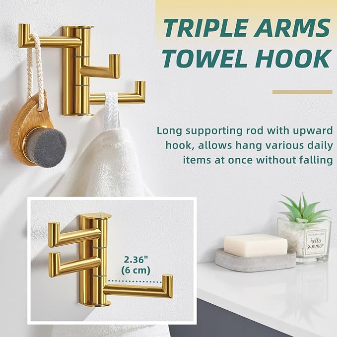 APLusee Swivel Towel Hook, 304 Stainless Steel Foldable Clothes Hook with Multi Three Rotating Arm, Flexible Bathroom Kitchen Storage Hanger Wall Mounted, Brushed Gold