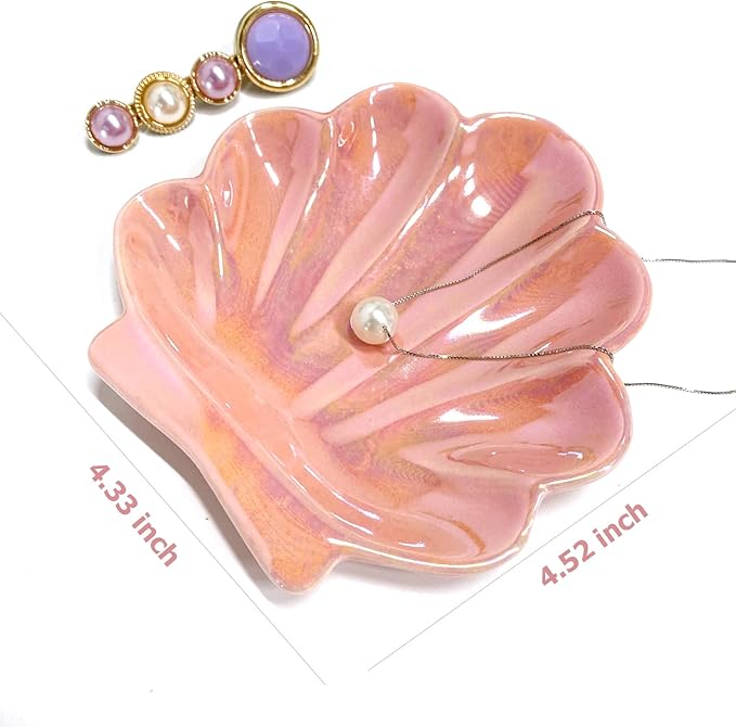 Sea Shell Jewelry Dish, Ceramic Seashell Jewelry Holder, Cute Organizer Plate Vanity Decorations Accessories for Home Bathroom Decor Birthday Mother's Day Christmas Gift for Women