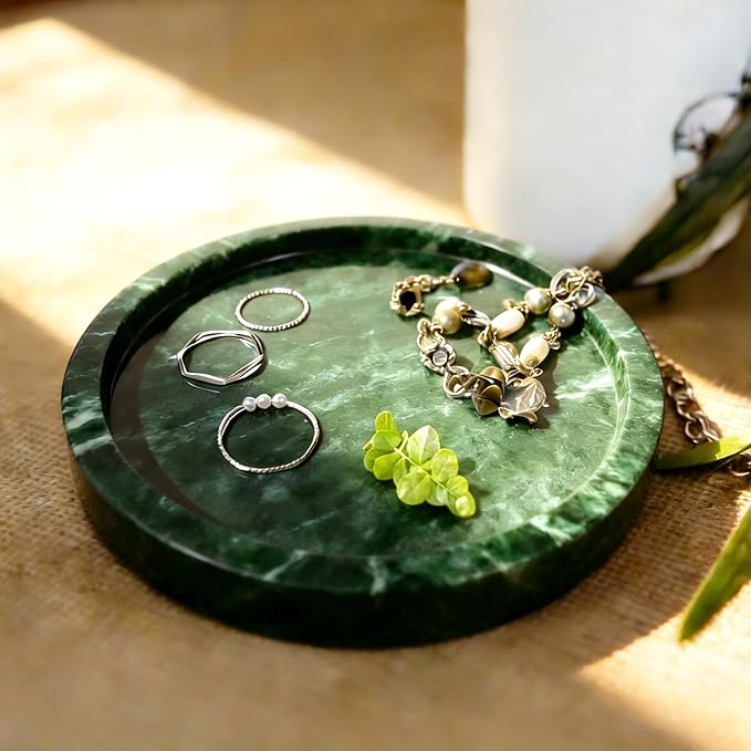 Natural Marble Tray, Round Green Tray for Bedroom/Bathroom/Kitchen/Vanity Countertop, Jewelry Tray for Rings Earrings Necklace Bracelet Watch, Room Decor Aesthetic