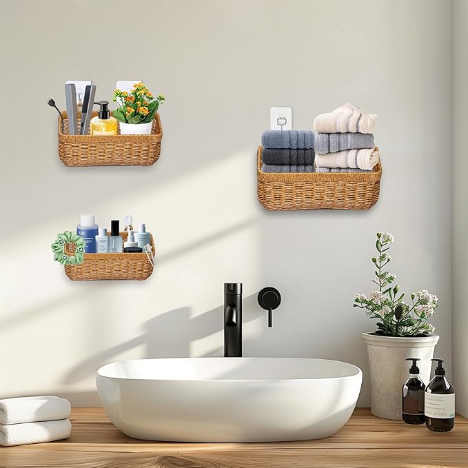 2 PCS Hanging Storage Baskets,Shower Organiser With Hooks, Bathroom Storage Accessory Shelf Organiser,Wall Mount Wicker Basket For Cosmetics, Soap Dispensers, Shower Products(Yellow-(S+M))