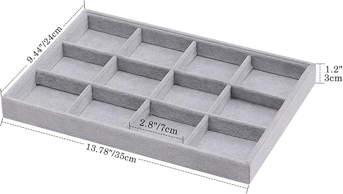 Emibele Bracelets Organizer Jewelry Tray, 12 Grids Velvet Tray Storage for Watches Rings Earrings, Stackable Jewelry Drawer Organizer Showcase Display Trays with Detachable Inner Dividers, Grey