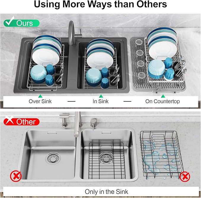 GSlife Expandable Over the Sink Dish Drying Rack with Silicone Drying Mat - Stainless Steel Dish Drainer with Locking Knob, Size Adjustable Dryer Strainer for Kitchen, 12.8" W x 10.8"-17.9" L, Silver