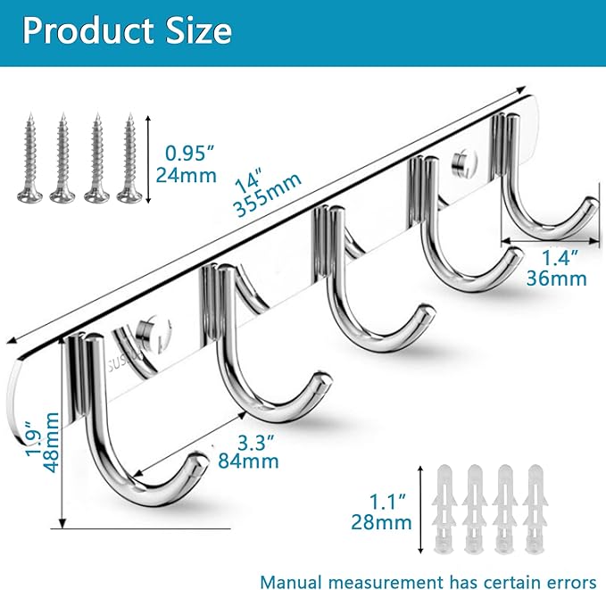 Coat Rack Wall Mounted - 5 Hooks, 304 Stainless Steel, Metal Coat Hook Rail for Coat Hat Towel Purse Robes Mudroom Bathroom Kitchen Entryway (Silver, 2 Packs)