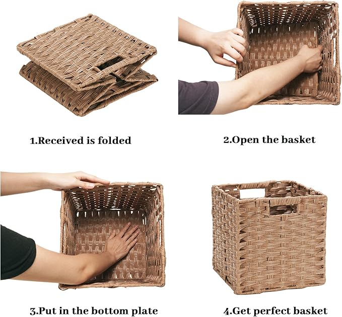 DULLEMELO Wicker Storage Cubes - Foldable Wicker Baskets Set of 4, 11x11x11 inch for Organizing Closet, Clothes, Toys - Brown