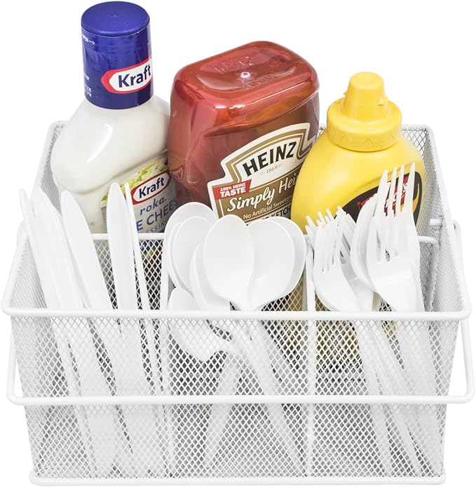 Sorbus® Utensil Caddy — Silverware, Napkin Holder, and Condiment Organizer — Multi-Purpose Steel Mesh Caddy—Ideal for Kitchen, Dining, Entertaining, Tailgating, Picnics, and much more (White)