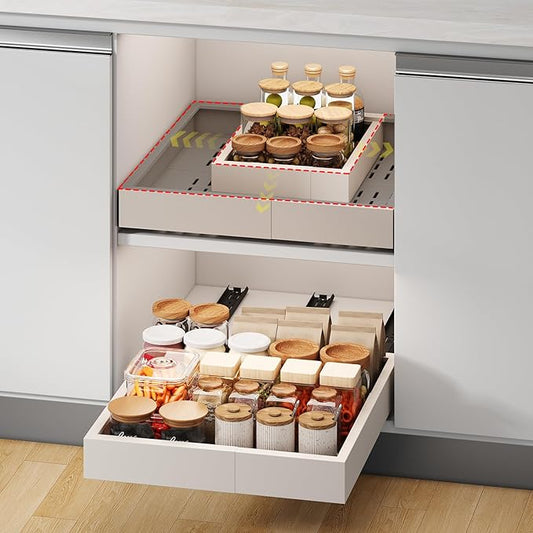 Pull out Cabinet Organizer,Width (11"-16") and Depth (17"-24") Expandable With 3 Rails,No Drill Adjustable Slide out Drawers for Kitchen,Pantry,Adhesive Roll out Shelves,for Cabinets Without Lip,White