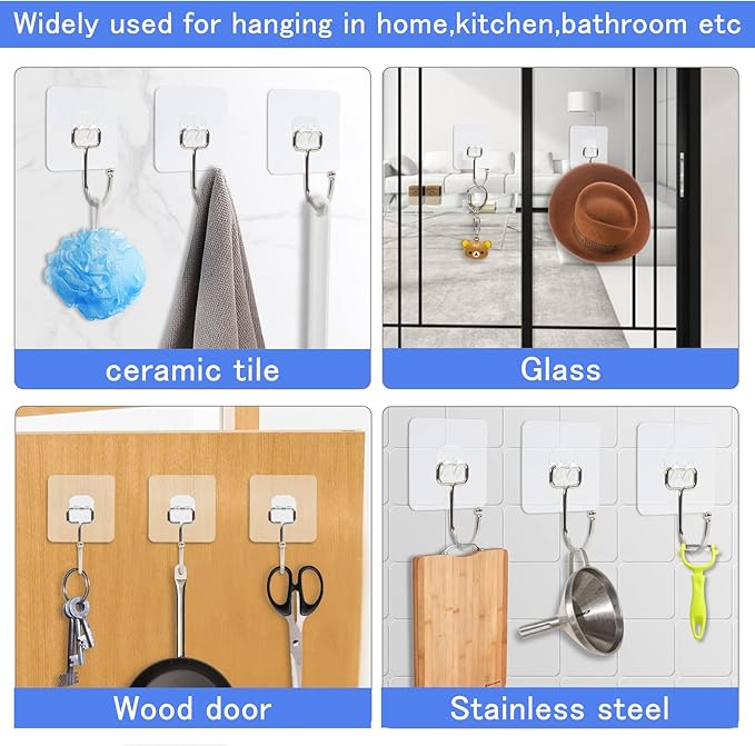 30 Packs Large Adhesive Wall Hooks, Heavy Duty Hold 44lb(Max) Wall Hooks for Hanging, Transparent Waterproof Rustproof Sticky Hooks for Kitchen Bathroom Home Office