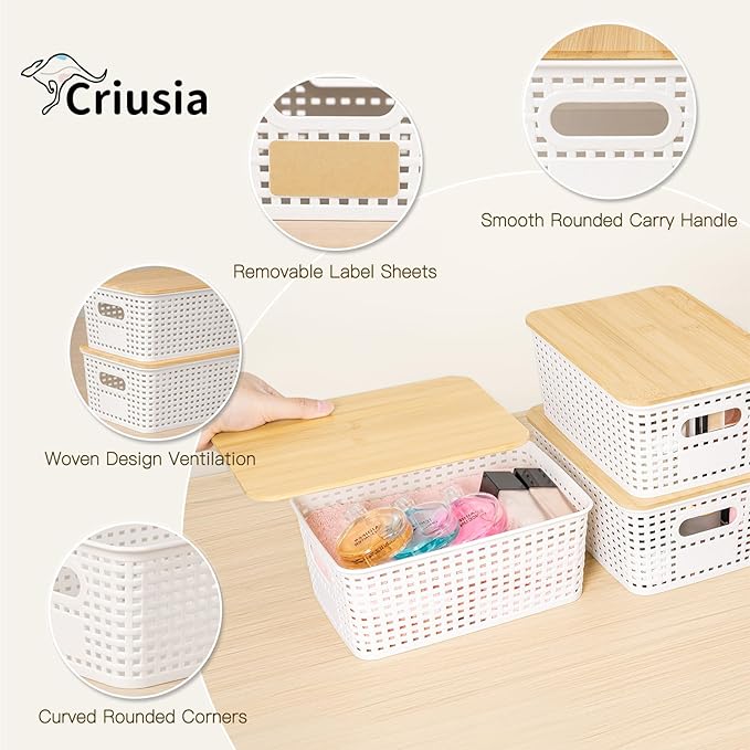 Criusia 6 Pack Plastic Storage Baskets With Bamboo Lid, Stackable Storage Baskets for Organizing Desktop Closet Shelves Drawers Pantry Organization Office Playroom Classroom