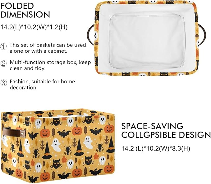 Bolaz Large Storage Basket Halloween Spooky Skull Pumpkin Black Cat Foldable Storage Box Organizer Bins with Handles for Bedroom Home Office
