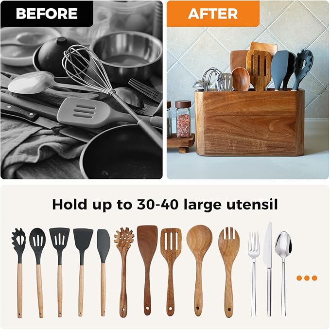 Large Acacia Wood Utensil Holder with 3 Compartments for Kitchen Counter, Extra Large Farmhouse Wooden Utensil Organizer for Cooking Tools and Silverware